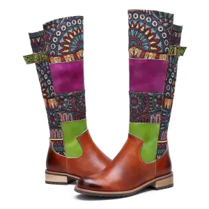 CrazycatZ Womens Leather Bohemian Knee High Boots Colorful Long Boots Vintage Boots