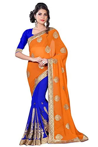 Oomph! Women's Georgette Sarees Party Wear/Fancy Georgette Sarees/Embroidered Georgette Sarees - Apricot Orange &amp; Lapis Blue