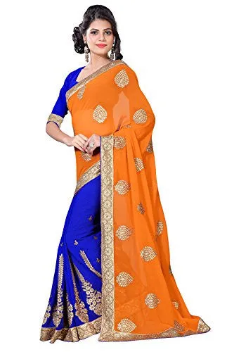 Oomph! Women's Georgette Sarees Party Wear/Fancy Georgette Sarees/Embroidered Georgette Sarees - Apricot Orange &amp; Lapis Blue
