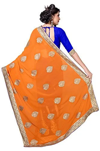 Oomph! Women's Georgette Sarees Party Wear/Fancy Georgette Sarees/Embroidered Georgette Sarees - Apricot Orange &amp; Lapis Blue