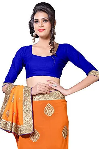Oomph! Women's Georgette Sarees Party Wear/Fancy Georgette Sarees/Embroidered Georgette Sarees - Apricot Orange &amp; Lapis Blue