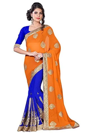 Oomph! Women's Georgette Sarees Party Wear/Fancy Georgette Sarees/Embroidered Georgette Sarees - Apricot Orange &amp; Lapis Blue