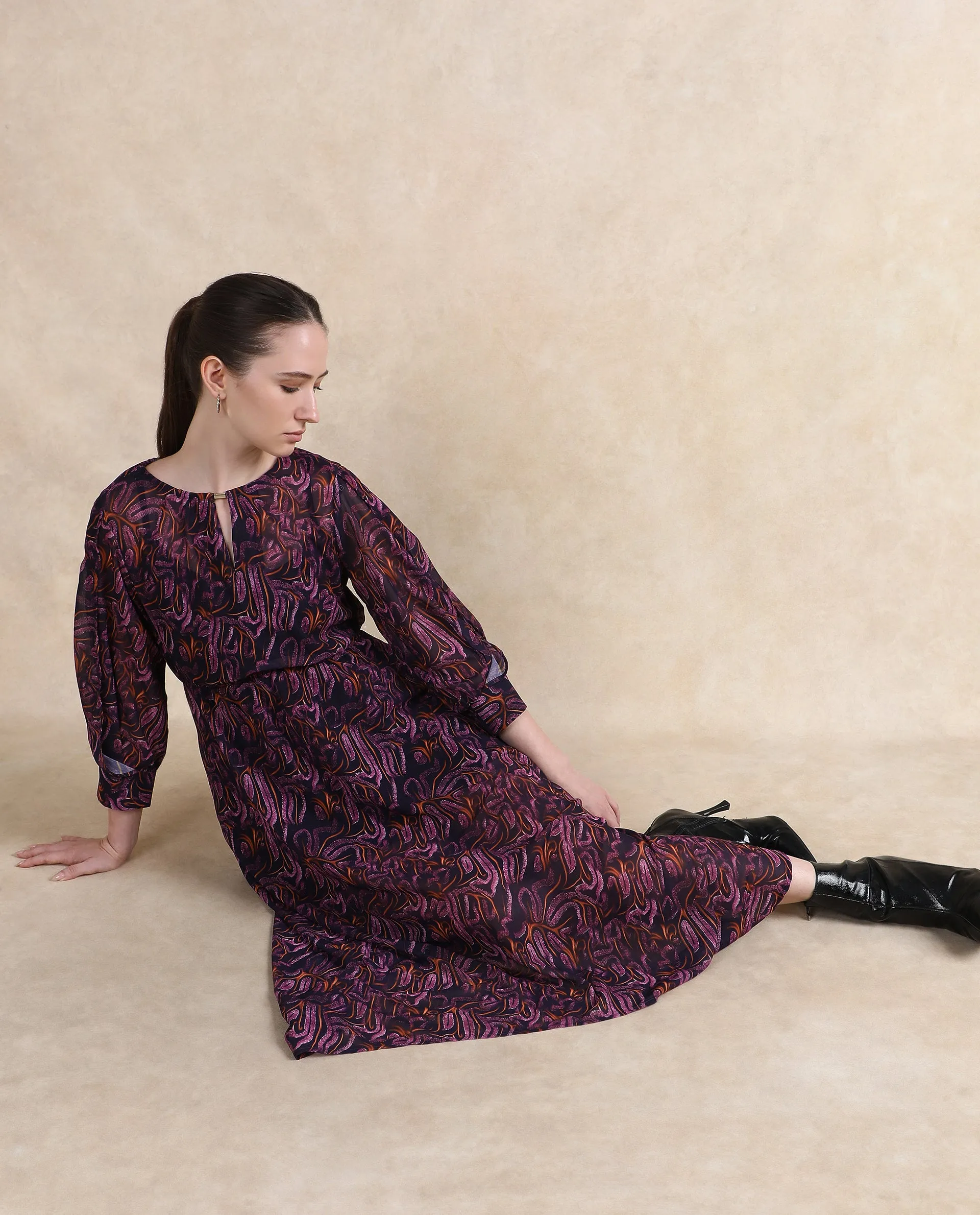 Rareism Women Yerevan Dark Multi Puffed Sleeve Round Neck Zipper Closure Asymmetric Midi Abstract Print Dress