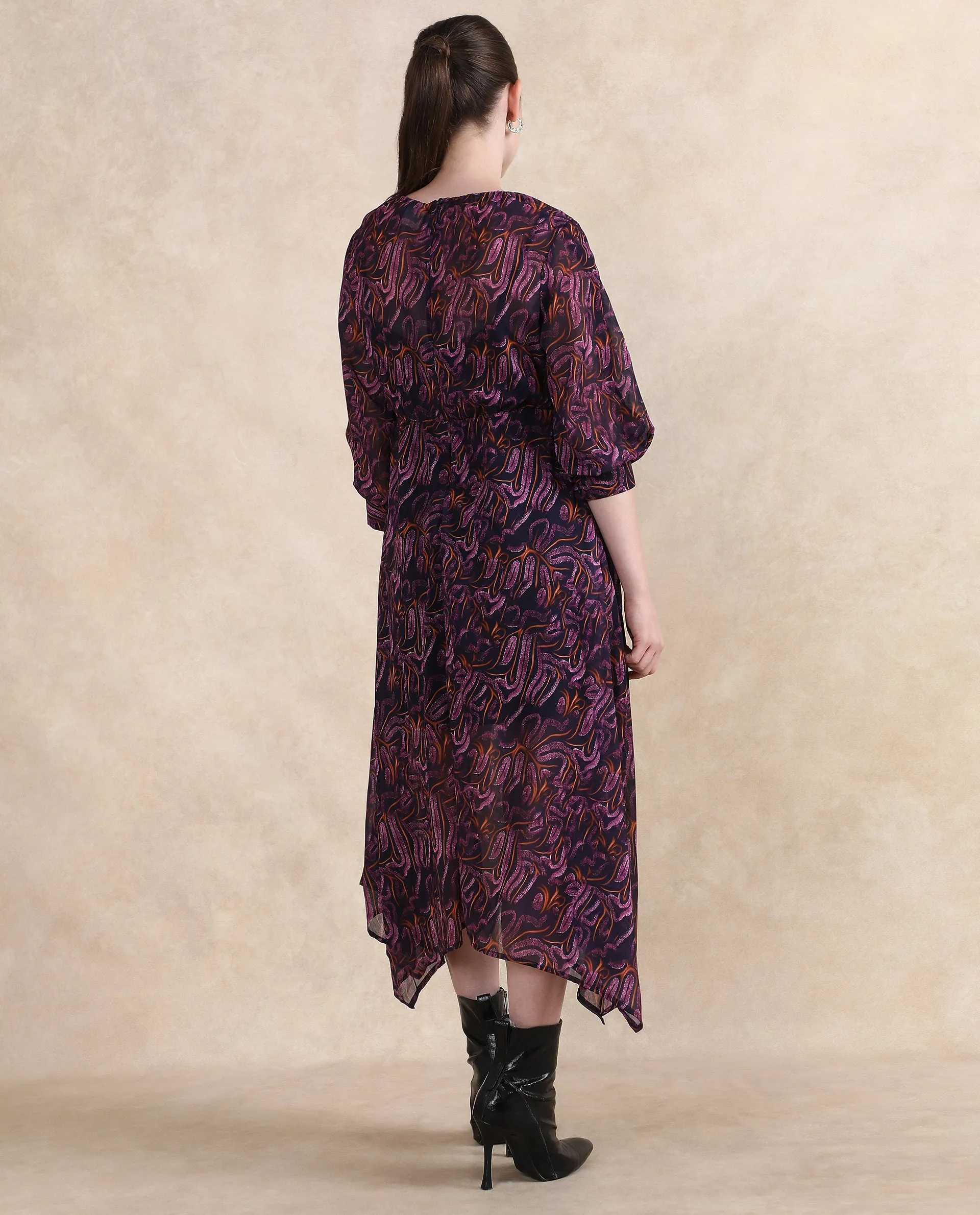 Rareism Women Yerevan Dark Multi Puffed Sleeve Round Neck Zipper Closure Asymmetric Midi Abstract Print Dress