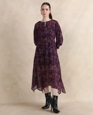 Rareism Women Yerevan Dark Multi Puffed Sleeve Round Neck Zipper Closure Asymmetric Midi Abstract Print Dress