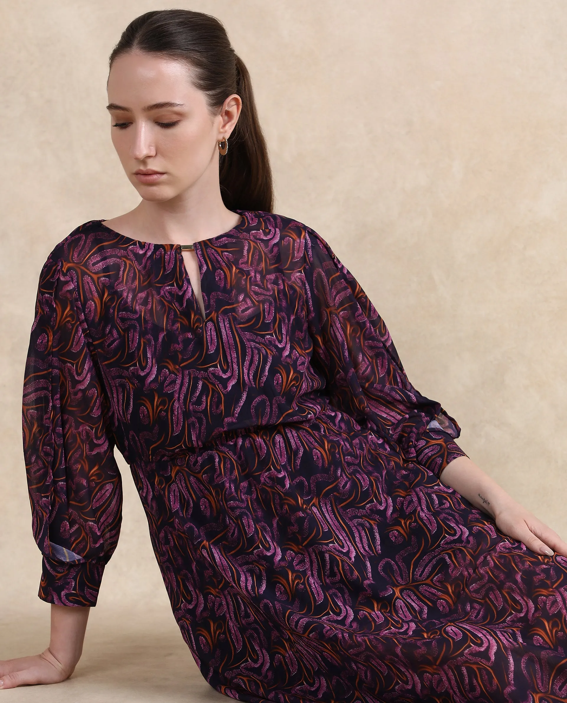 Rareism Women Yerevan Dark Multi Puffed Sleeve Round Neck Zipper Closure Asymmetric Midi Abstract Print Dress
