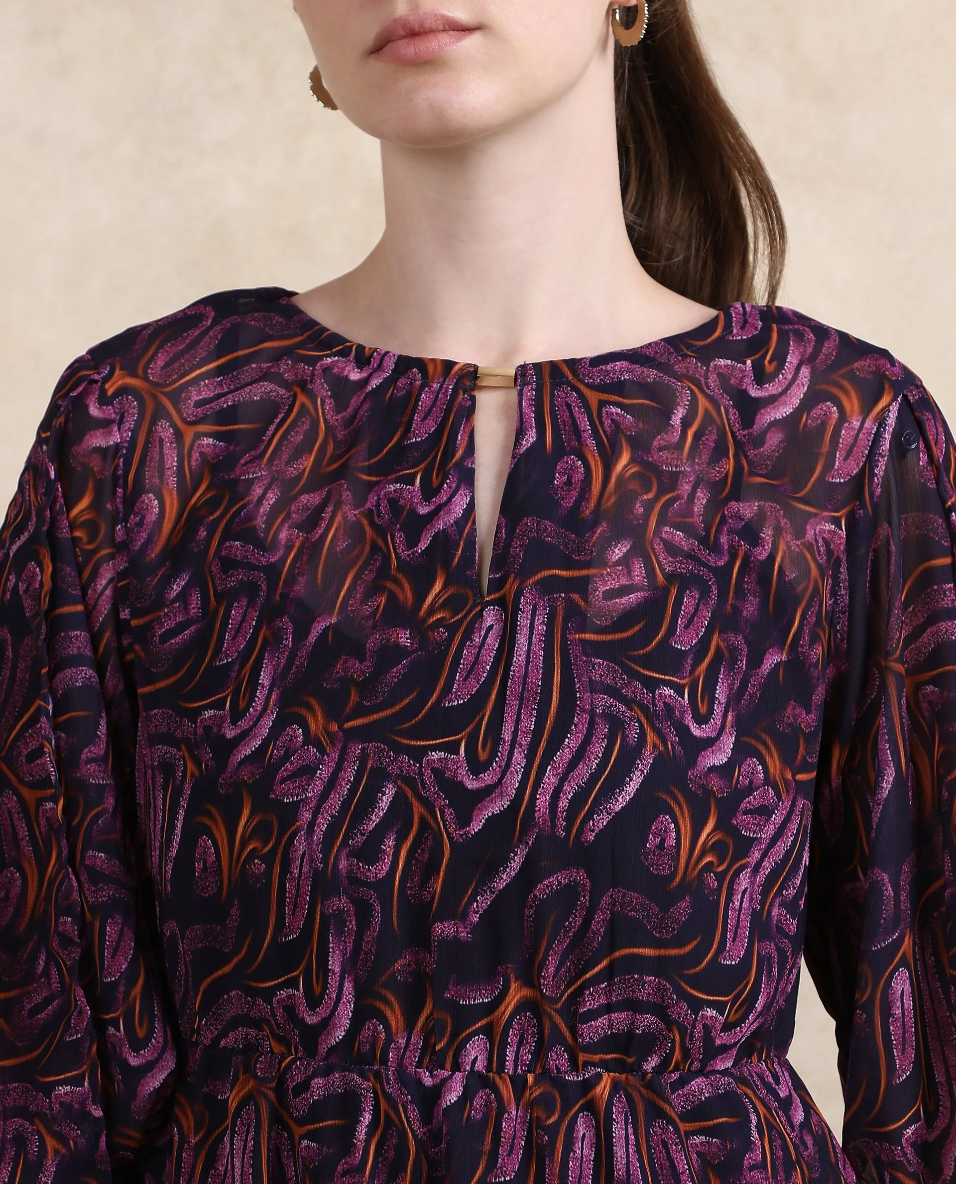 Rareism Women Yerevan Dark Multi Puffed Sleeve Round Neck Zipper Closure Asymmetric Midi Abstract Print Dress