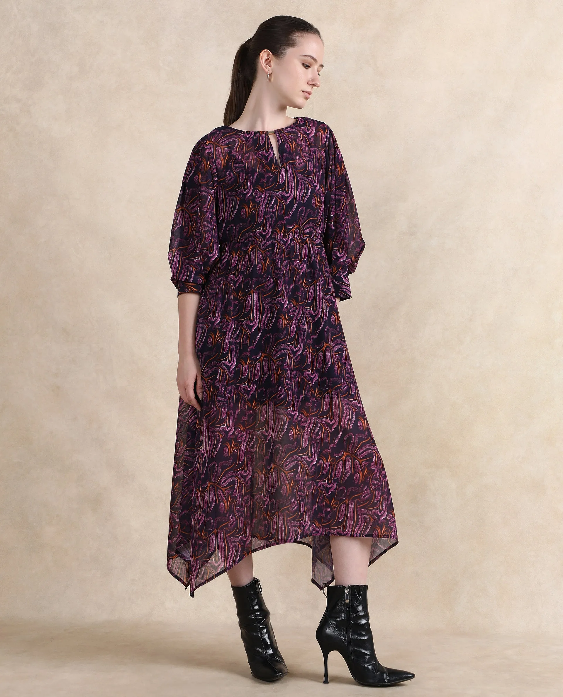 Rareism Women Yerevan Dark Multi Puffed Sleeve Round Neck Zipper Closure Asymmetric Midi Abstract Print Dress