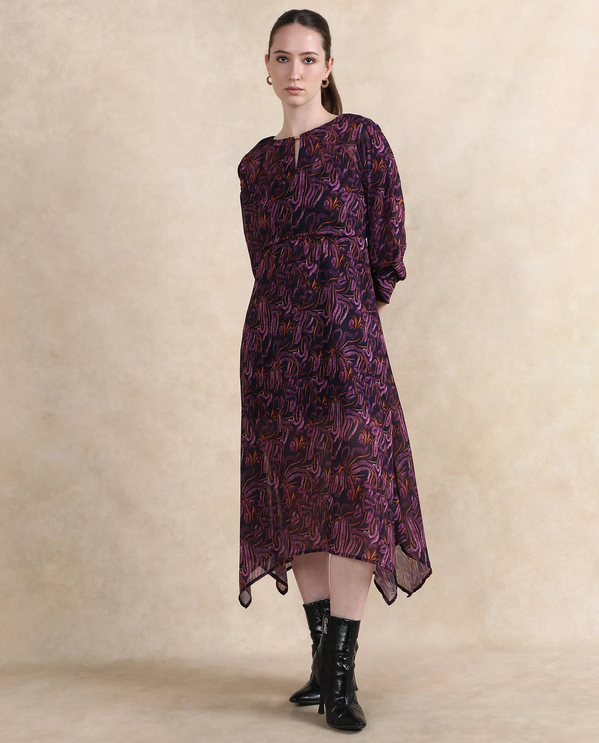 Rareism Women Yerevan Dark Multi Puffed Sleeve Round Neck Zipper Closure Asymmetric Midi Abstract Print Dress