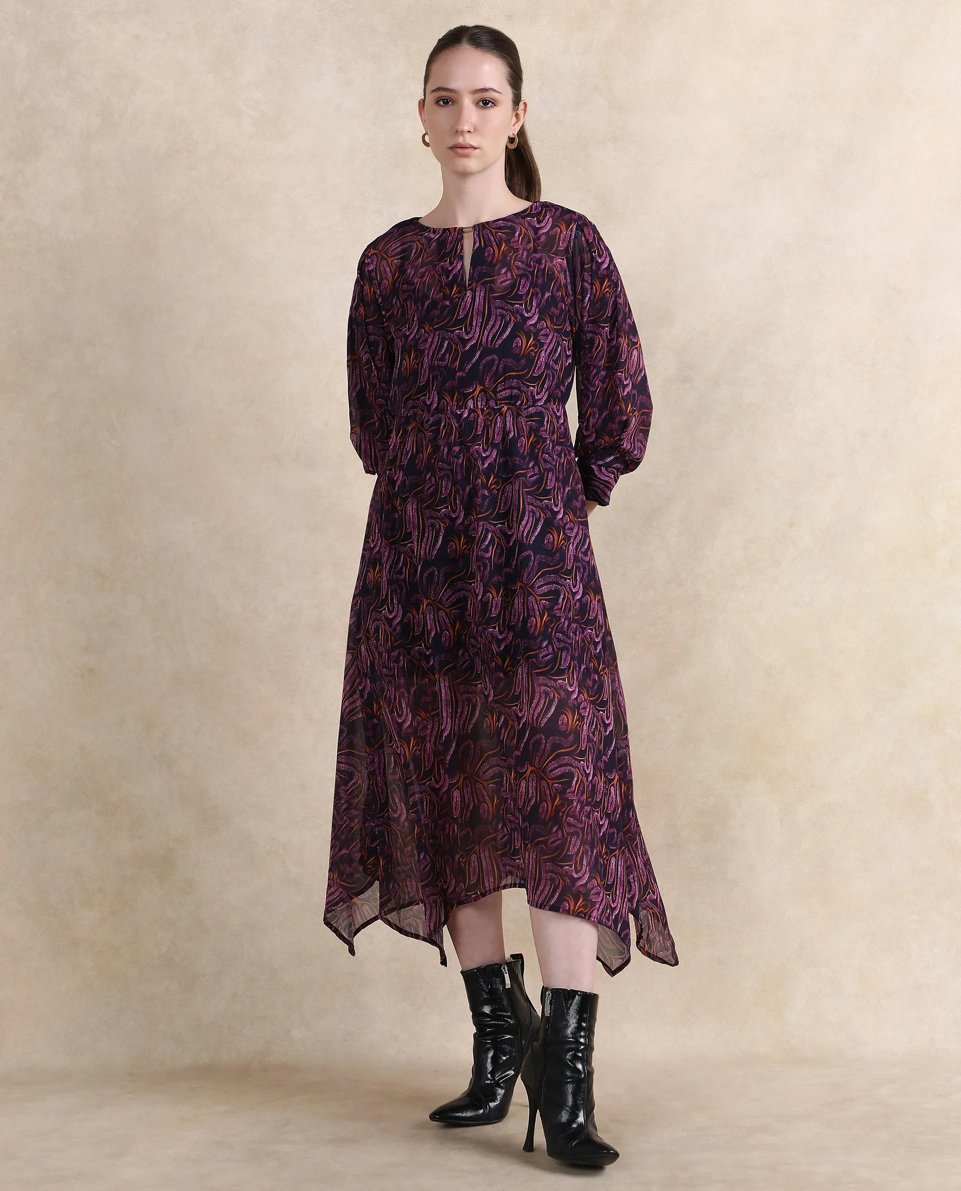 Rareism Women Yerevan Dark Multi Puffed Sleeve Round Neck Zipper Closure Asymmetric Midi Abstract Print Dress