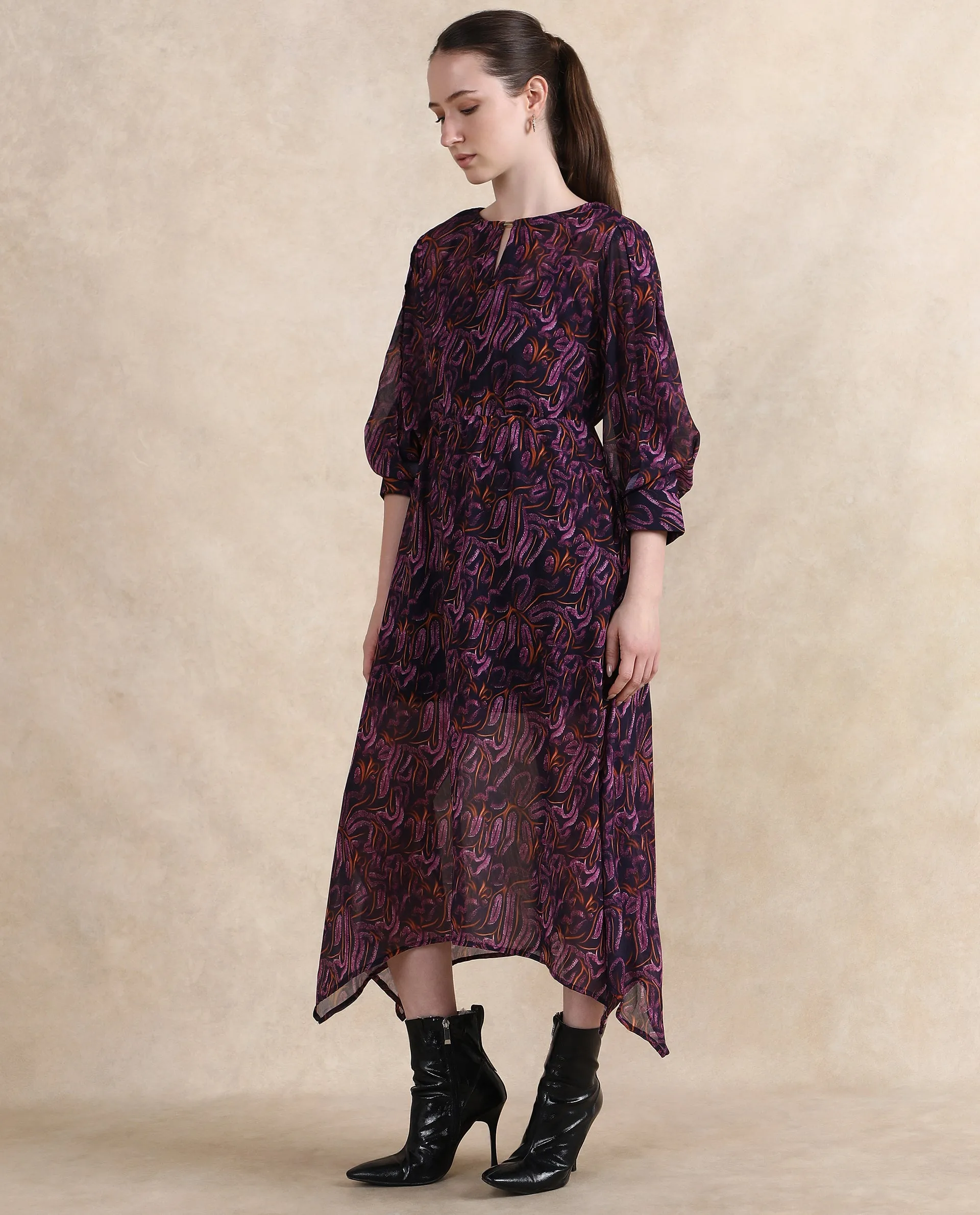 Rareism Women Yerevan Dark Multi Puffed Sleeve Round Neck Zipper Closure Asymmetric Midi Abstract Print Dress