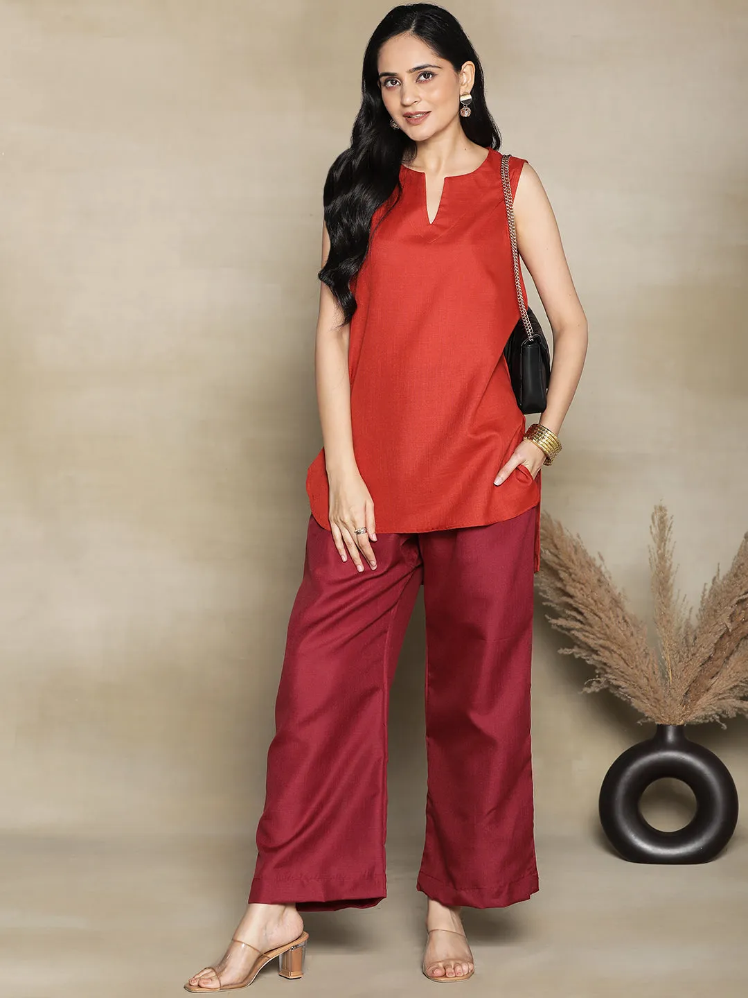 Rust CottonSlub SleevelessKurti & Maroon Palazzo