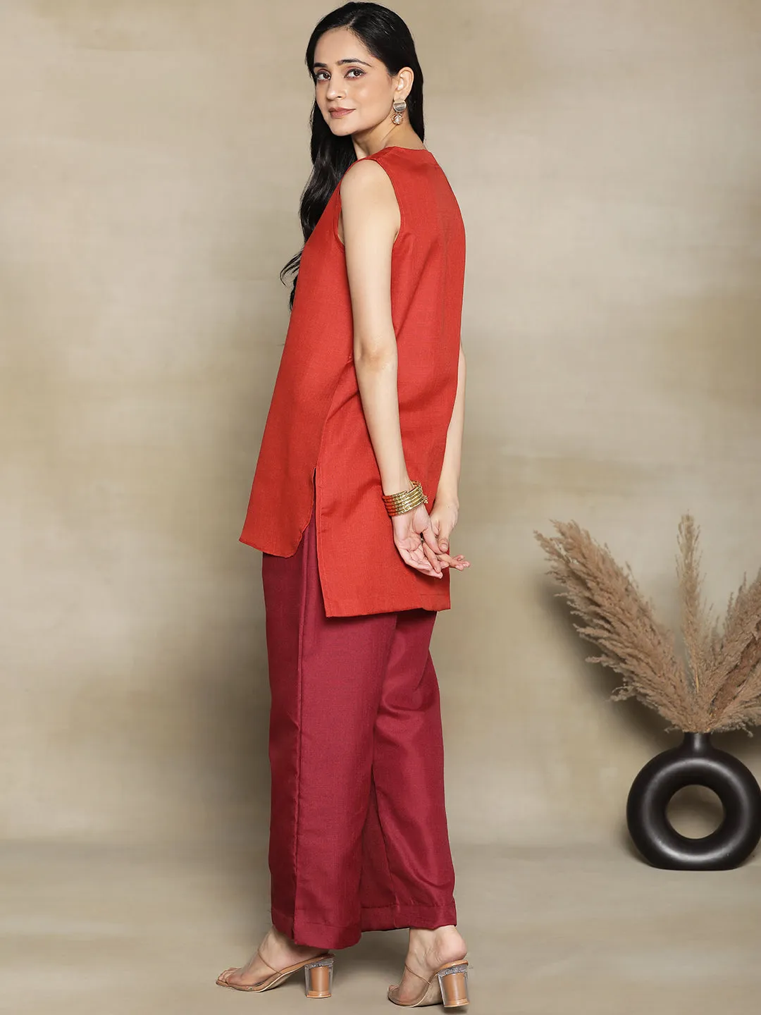 Rust CottonSlub SleevelessKurti & Maroon Palazzo
